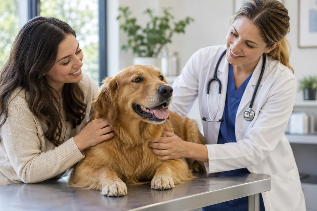 Veterinarian examining a dog supported by its owner